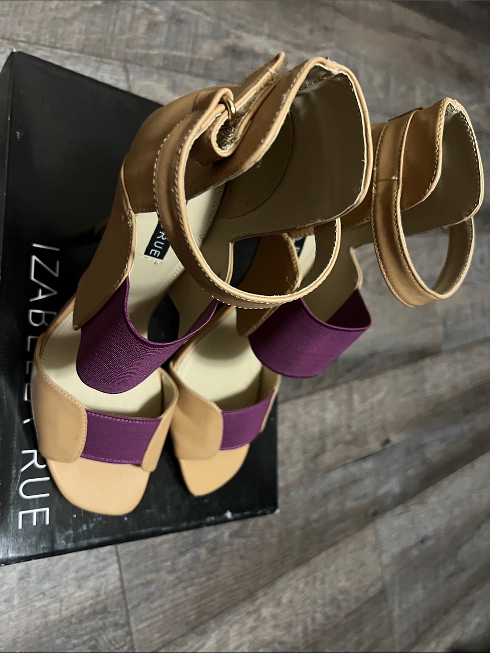 Izabella Rue Tan and Purple Colorblock Ankle-Strap Sandals